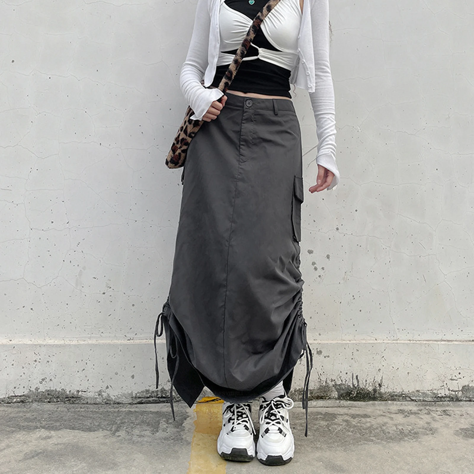 Y2K Streetwear Women Long Skirt - Adjustable Drawstring Solid Color Casual Loose Fit