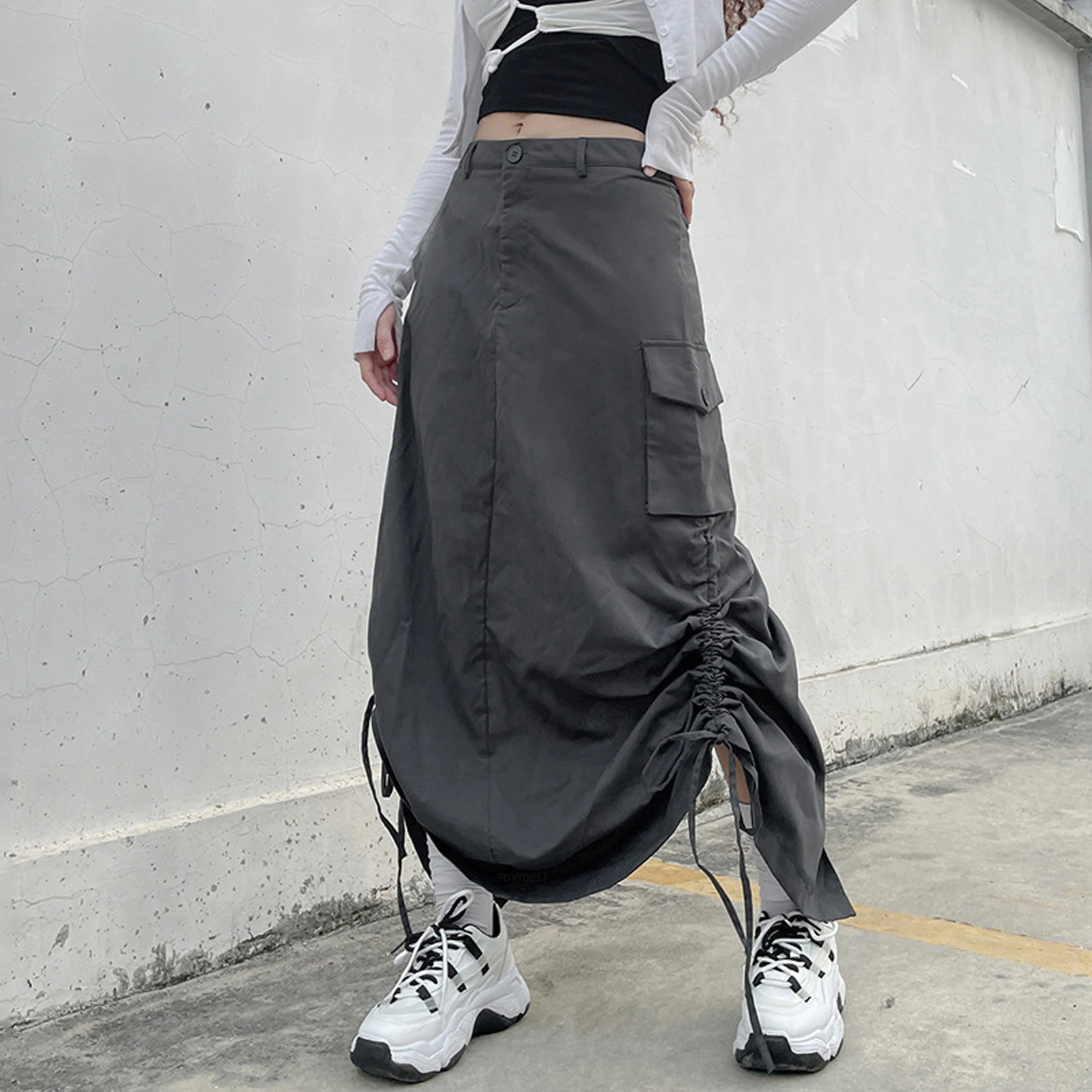 Y2K Streetwear Women Long Skirt - Adjustable Drawstring Solid Color Casual Loose Fit