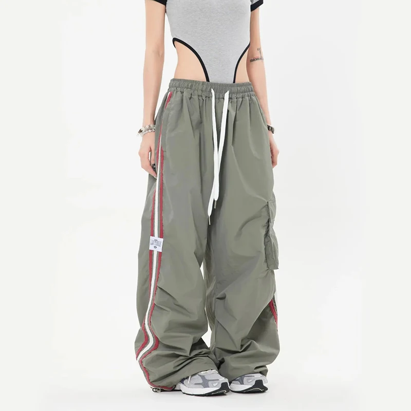 Y2K Stripe Cargo Pants - High Waist Drawstring Wide Leg Punk Streetwear