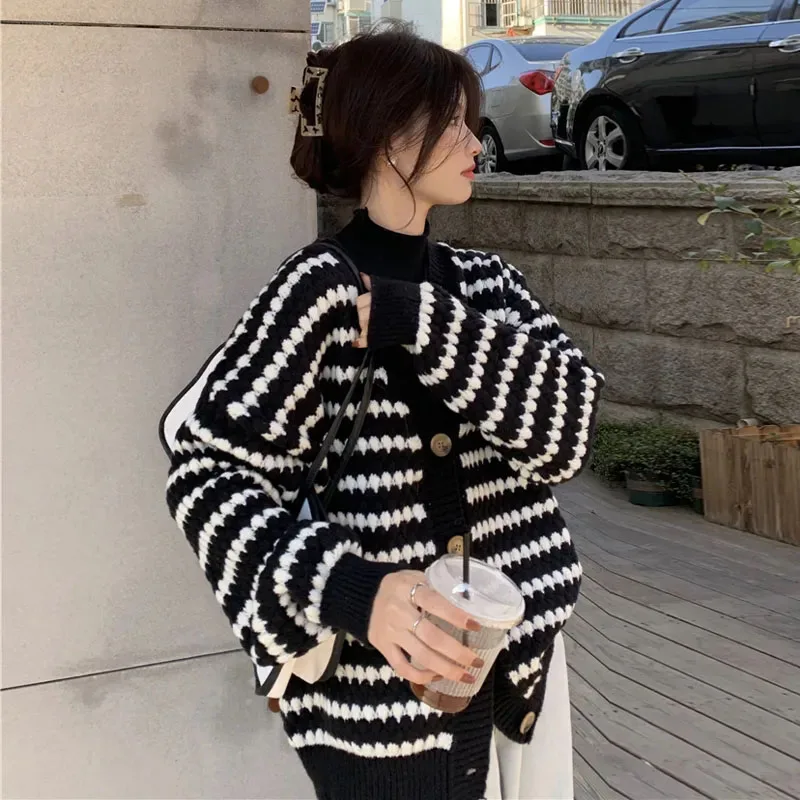 Y2K Stripe Knit Cardigan Sweater - V Neck Loose Fit Pullover - Korean Chic Casual Fashion