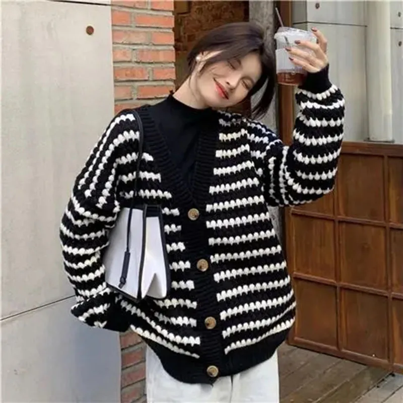 Y2K Stripe Knit Cardigan Sweater - V Neck Loose Fit Pullover - Korean Chic Casual Fashion