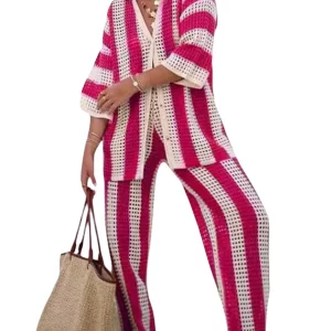 Y2K Stripe Print Knit Crochet Pajama Set - V-Neck Button T-Shirt & Wide Leg Pants