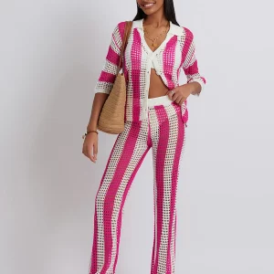 Y2K Stripe Print Knit Crochet Pajama Set - V-Neck Button T-Shirt & Wide Leg Pants