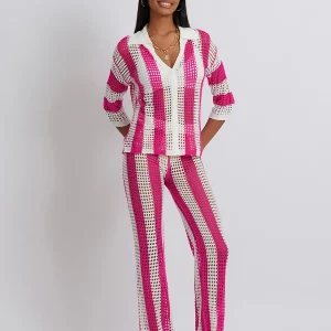 Y2K Stripe Print Knit Crochet Pajama Set - V-Neck Button T-Shirt & Wide Leg Pants