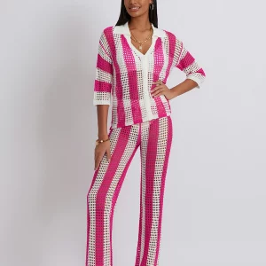 Y2K Stripe Print Knit Crochet Pajama Set - V-Neck Button T-Shirt & Wide Leg Pants