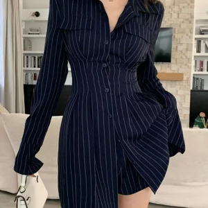 Y2K Striped 2-Piece Set: Long Sleeve Blouse & Shorts Suit