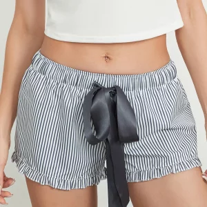 Y2K Striped Bow Bandage Shorts - Casual Low Rise Elastic Ruffled Hem Sleep Bottoms