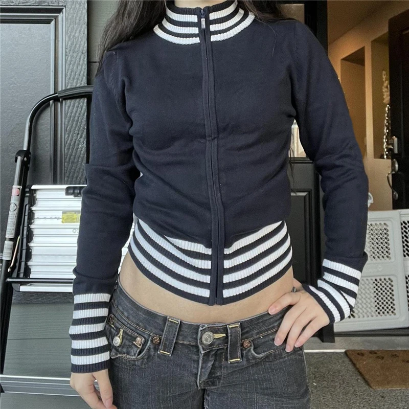 Y2K Striped Crop Top Jacket - Mall Goth Streetwear