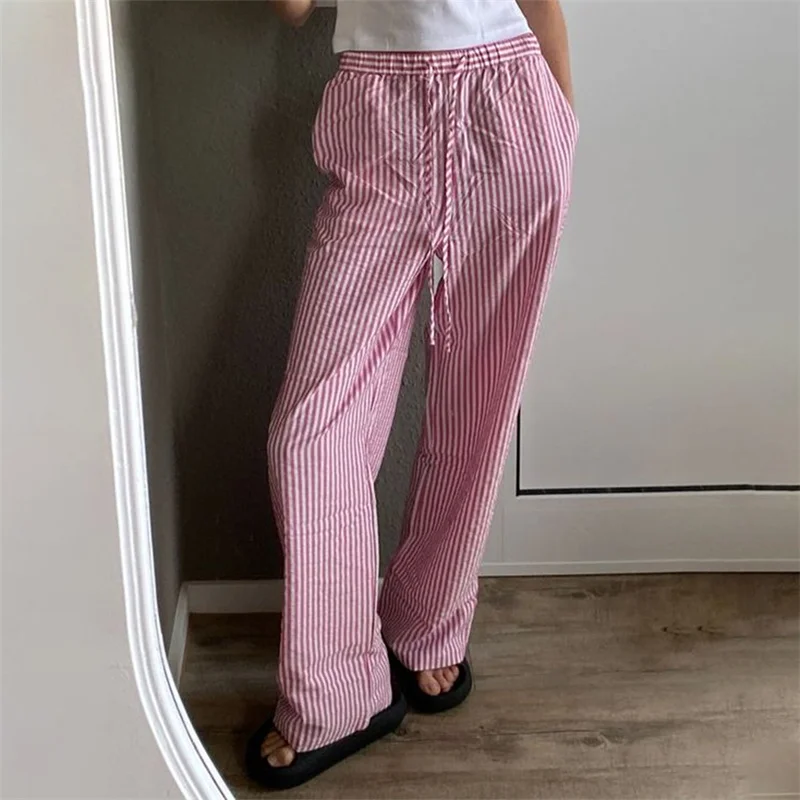 Y2K Striped Drawstring Pants - Loose Straight Fit with Pockets