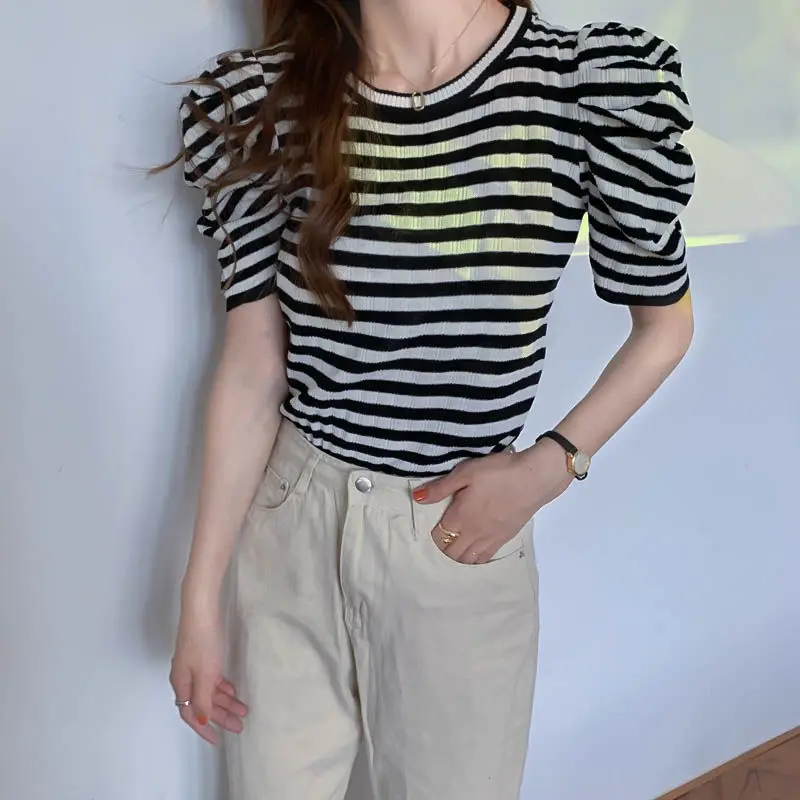 Y2K Striped Knit Short Sleeve T-shirt - Summer 2024 Trendy Slim Fit Top