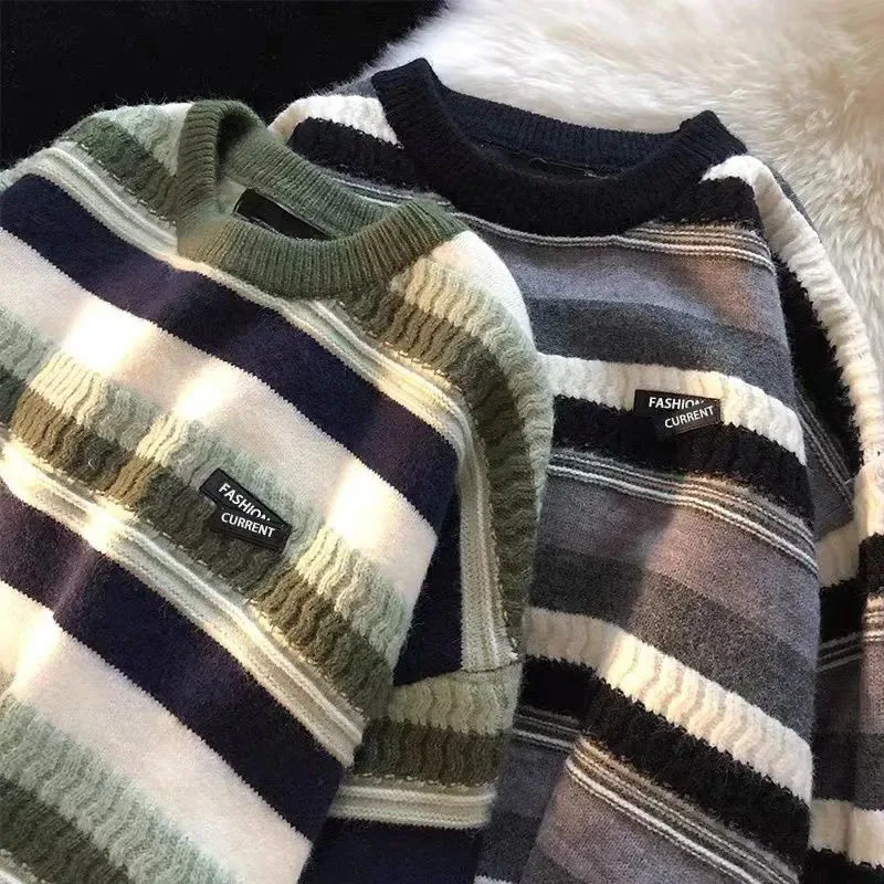 Y2K Striped Knit Sweater - Korean Loose O Neck Pullover - Harajuku Color Matching Jumper