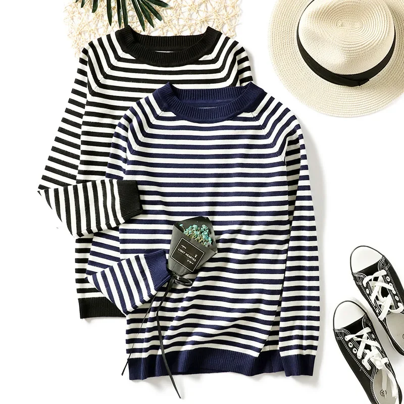 Y2K Striped Knit Sweater - Long Sleeve Casual Pullover for Women