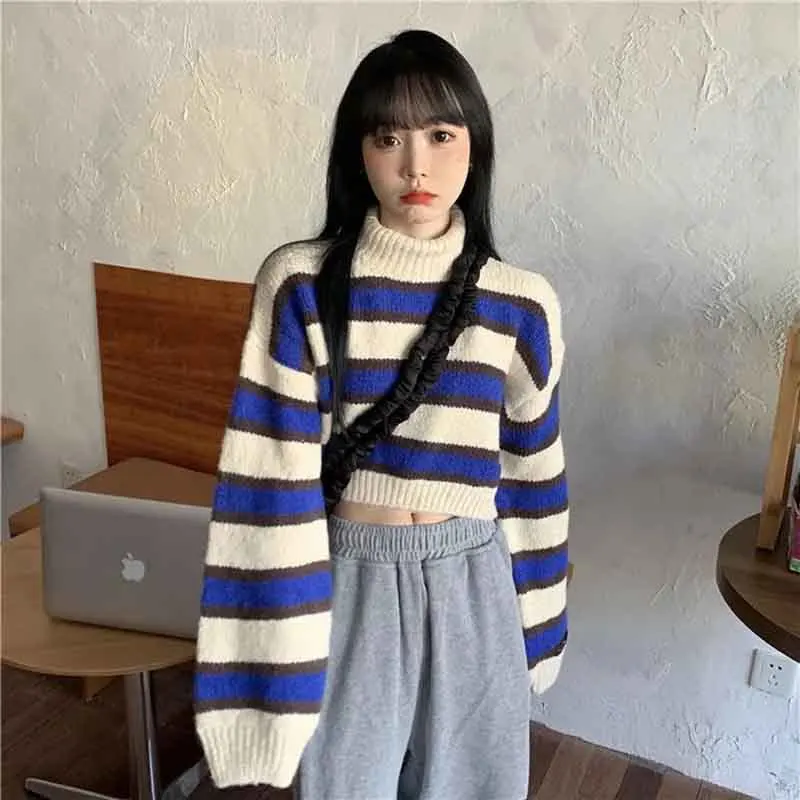 Y2K Striped Knit Sweater: Autumn Long Sleeve Mock Neck Crop Pullover