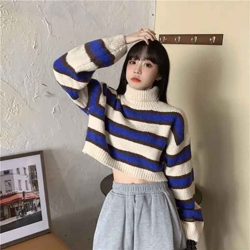 Y2K Striped Knit Sweater: Autumn Long Sleeve Mock Neck Crop Pullover