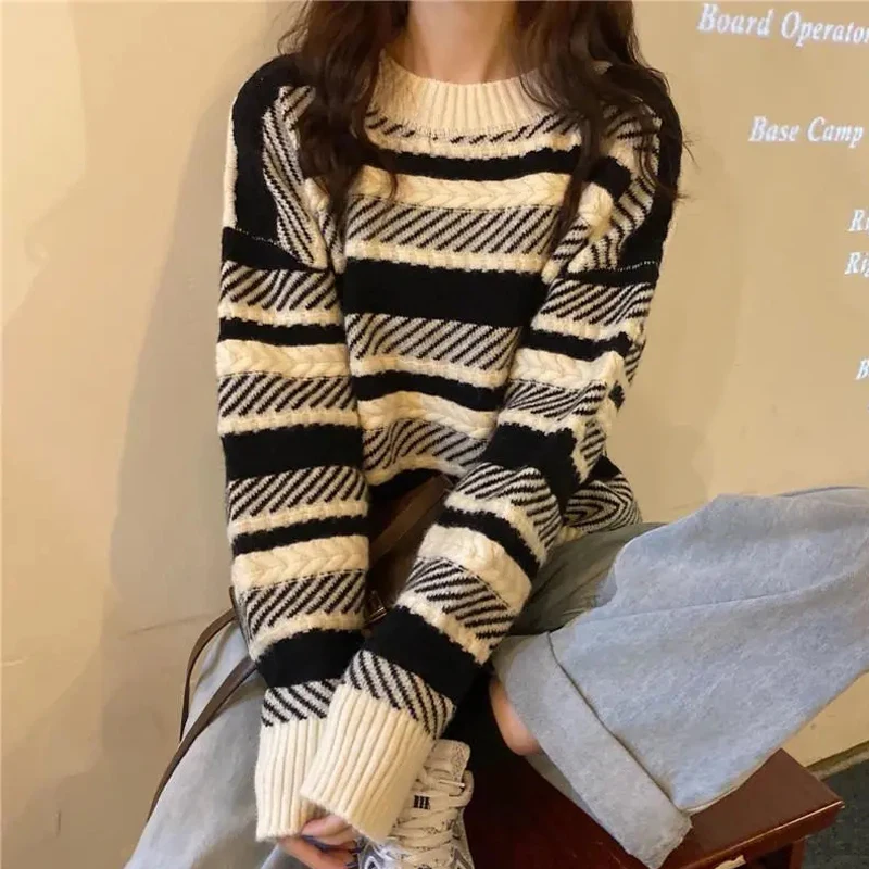 Y2K Striped Knit Sweater: Autumn Print Pullover for Women - Korean Fashion O Neck Top