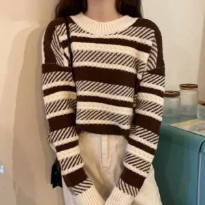 Y2K Striped Knit Sweater: Autumn Print Pullover for Women - Korean Fashion O Neck Top