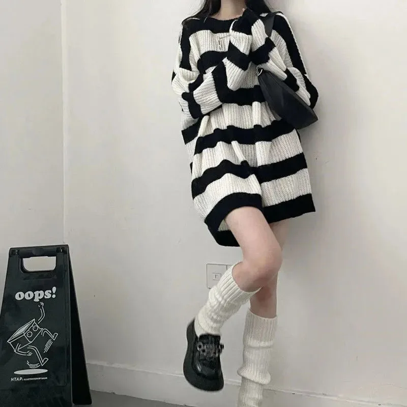 Y2K Striped Knit Sweater: Loose Fit O-Neck Long Sleeve Jumper