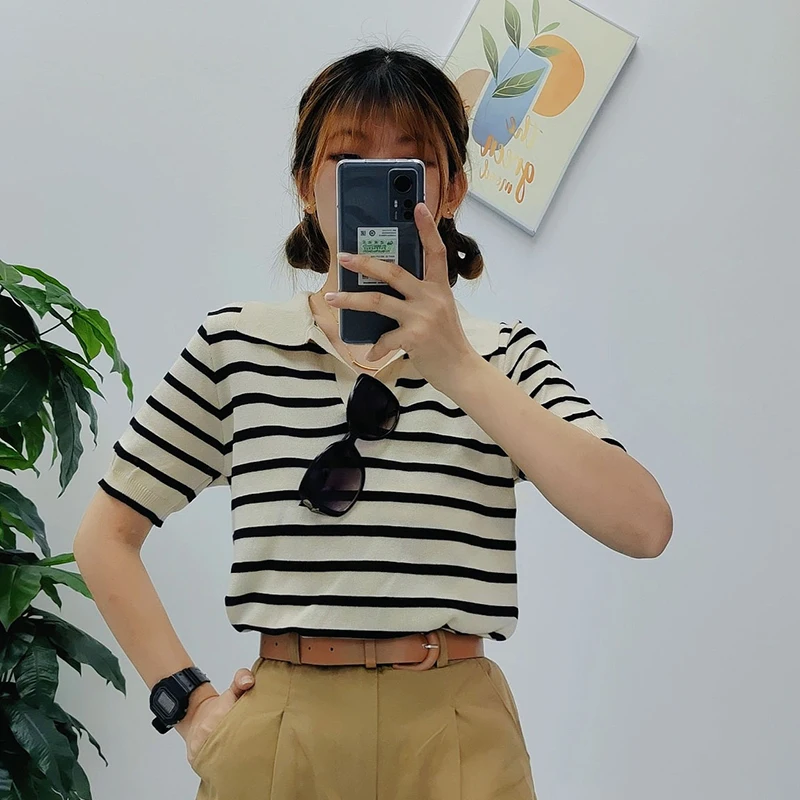 Y2K Striped Knit T-Shirt: Summer V-Neck Loose Tee for Women