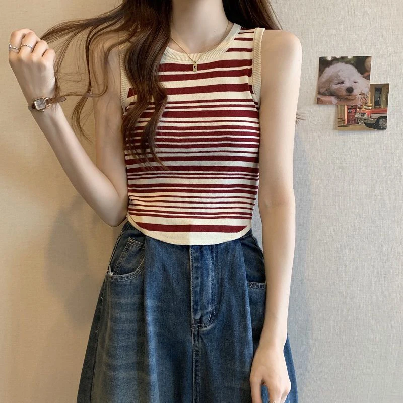 Y2K Striped Knitted Crop Top - Casual O Neck Tank for Women