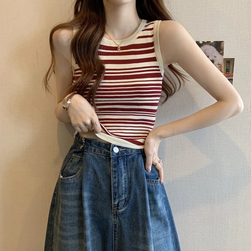 Y2K Striped Knitted Crop Top - Casual O Neck Tank for Women