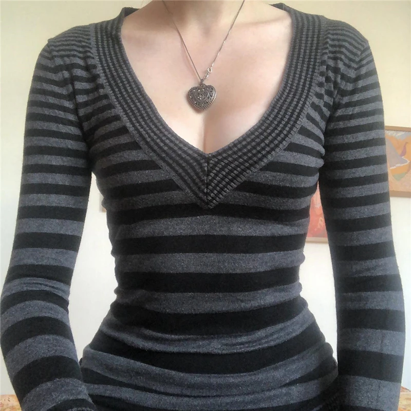 Y2K Striped Knitted Top - Fairy Grunge V-Neck Long Sleeve Shirt