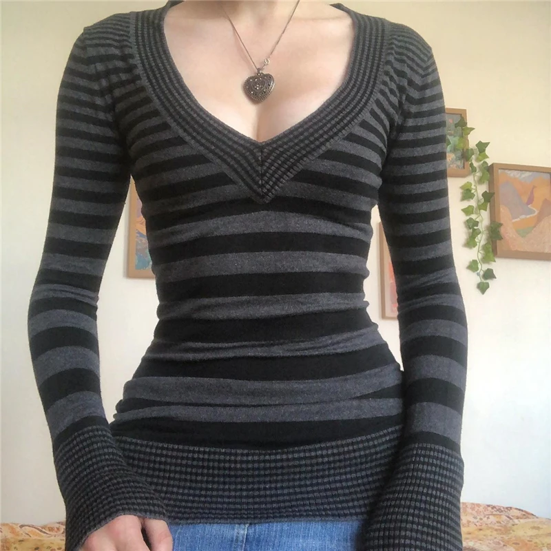 Y2K Striped Knitted Top - Fairy Grunge V-Neck Long Sleeve Shirt