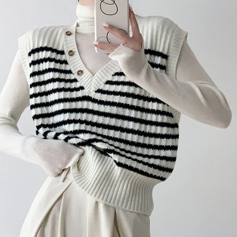 Y2K Striped Knitted Vest: Korean Loose V-Neck Sweater