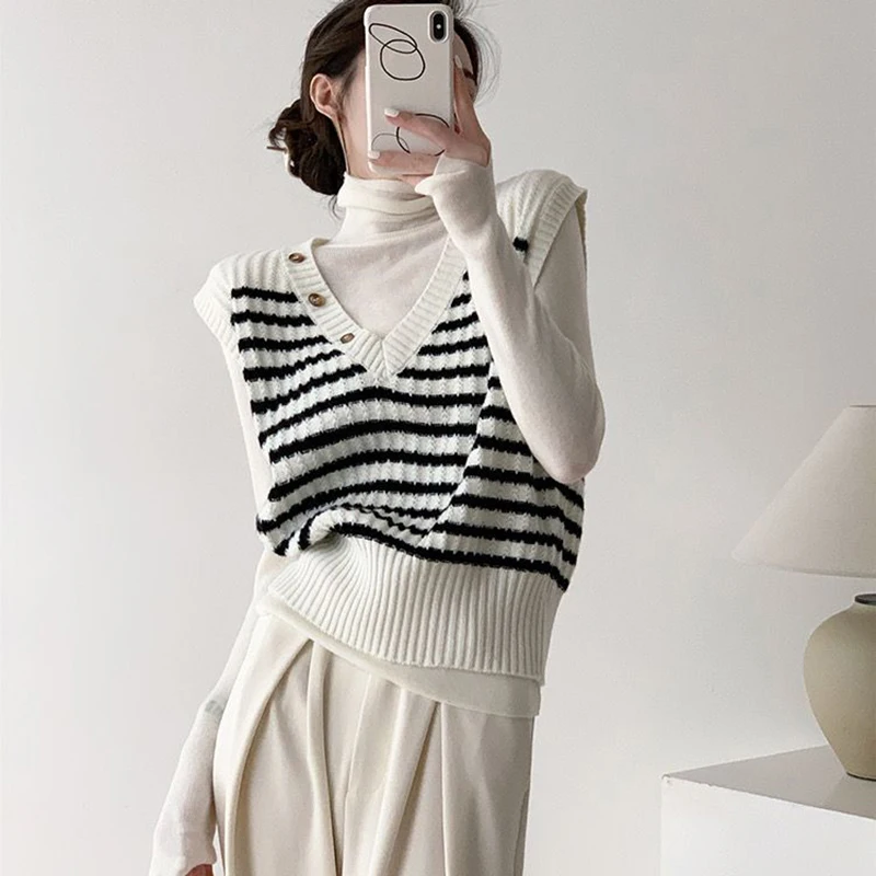 Y2K Striped Knitted Vest: Korean Loose V-Neck Sweater