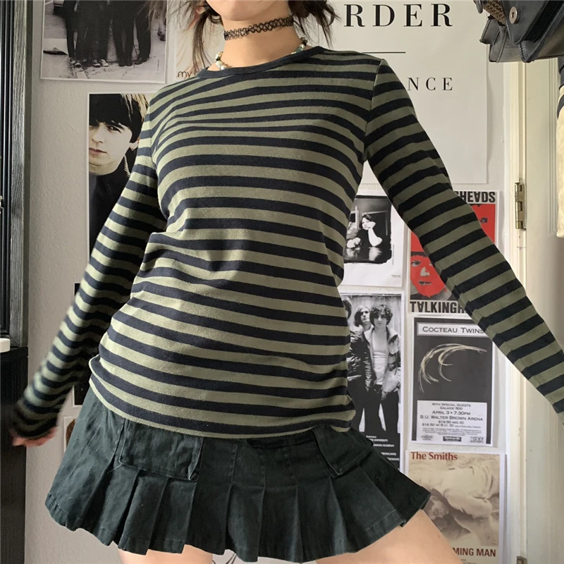 Y2K Striped Long Sleeve T-Shirt - Streetwear Gothic Aesthetic Top