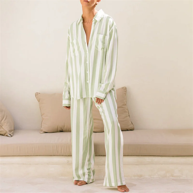 Y2K Striped Print 2-Piece Pajama Set - Long Sleeve Button Down Shirt + Pants