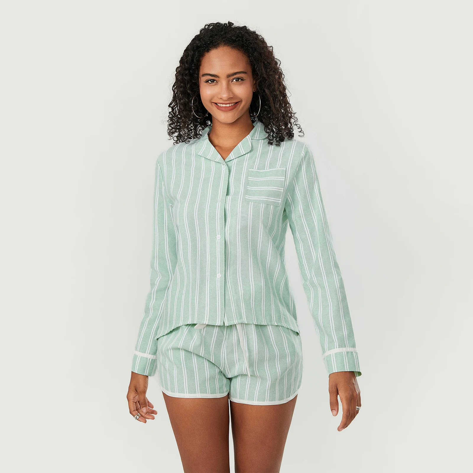 Y2K Striped Print Long Sleeve Shirt and Drawstring Shorts Set