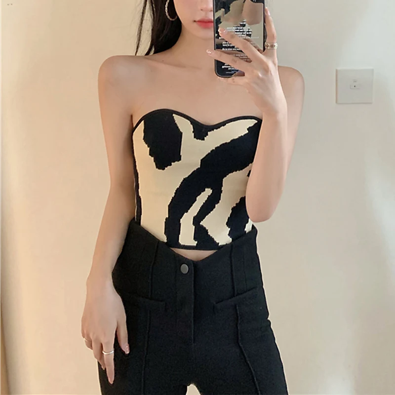 Y2K Striped Print Tube Top - Off-Shoulder Sleeveless Vest