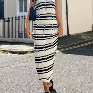 Y2K Striped Ribbed Knit Sleeveless Dress - Slim Fit Elegant Evening Party Beach Dress