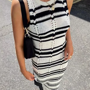 Y2K Striped Ribbed Knit Sleeveless Dress - Slim Fit Elegant Evening Party Beach Dress