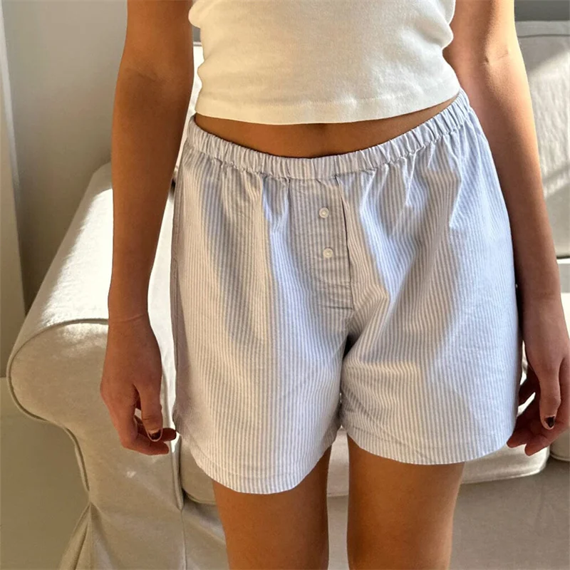 Y2K Striped Shorts with Elastic Waist and Button Detail - Retro Streetwear