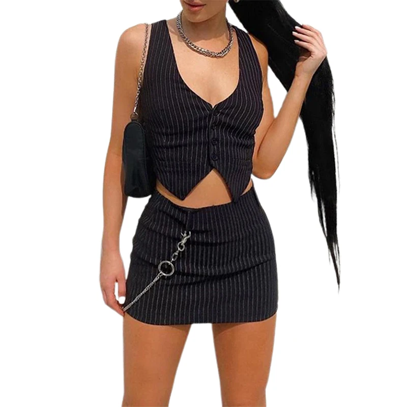 Y2K Striped Sleeveless Crop Top and Skirt Set - Streetwear Two Piece