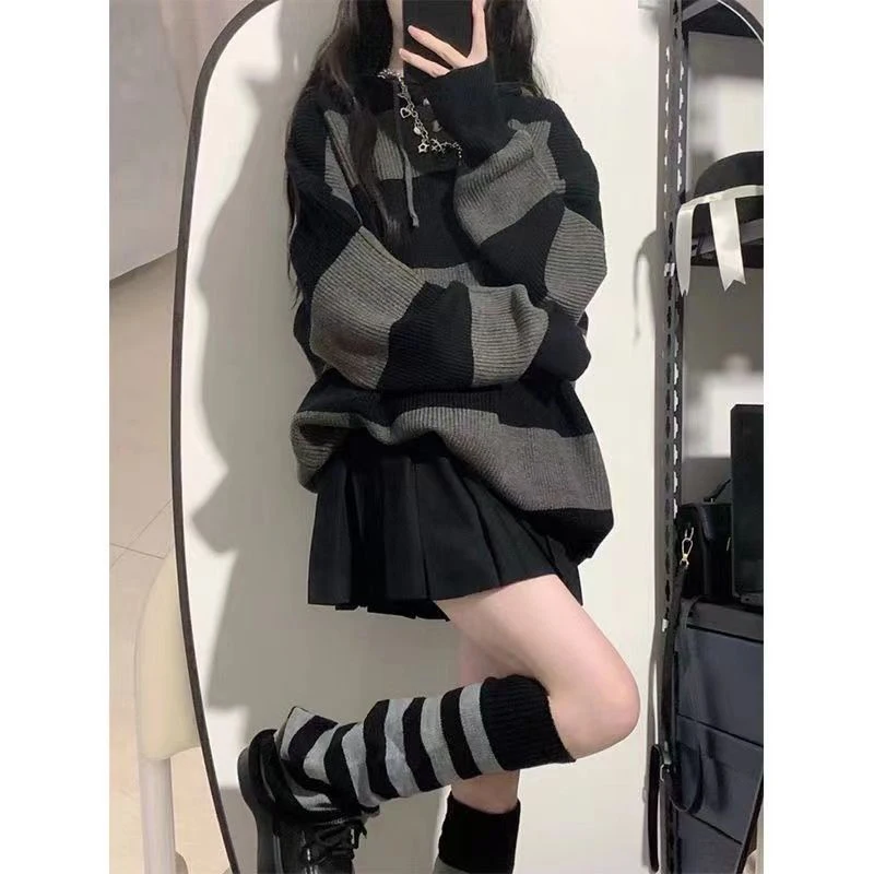 Y2K Striped Sweater: Oversized Knit Pullover for Women - Harajuku Streetwear Fashion