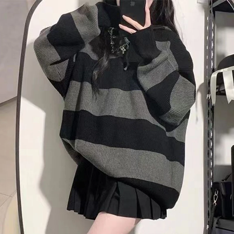 Y2K Striped Sweater: Oversized Knit Pullover for Women - Harajuku Streetwear Fashion