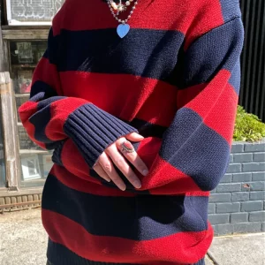 Y2K Striped Sweater: Oversized Long Sleeve Pullover - 90s Harajuku Preppy E-G