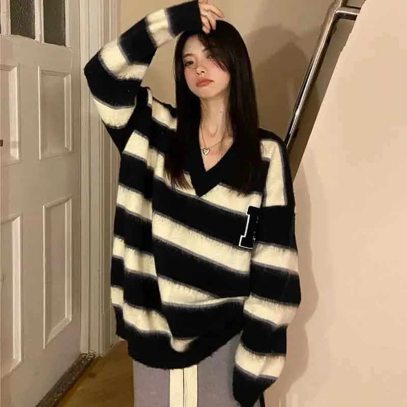 Y2K Striped Sweater: Oversized V-Neck Knit Pullover for Women