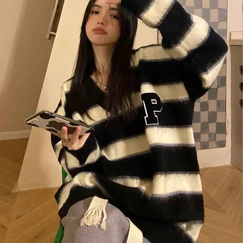 Y2K Striped Sweater: Oversized V-Neck Knit Pullover for Women