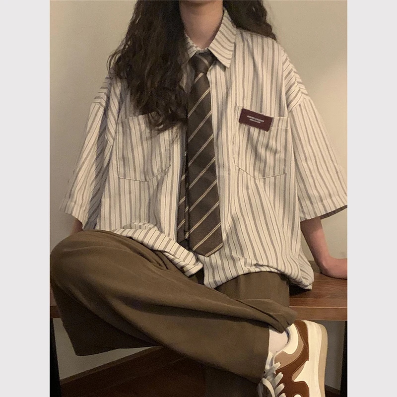 Y2K Striped Tie Blouse: Harajuku Oversized Preppy Top