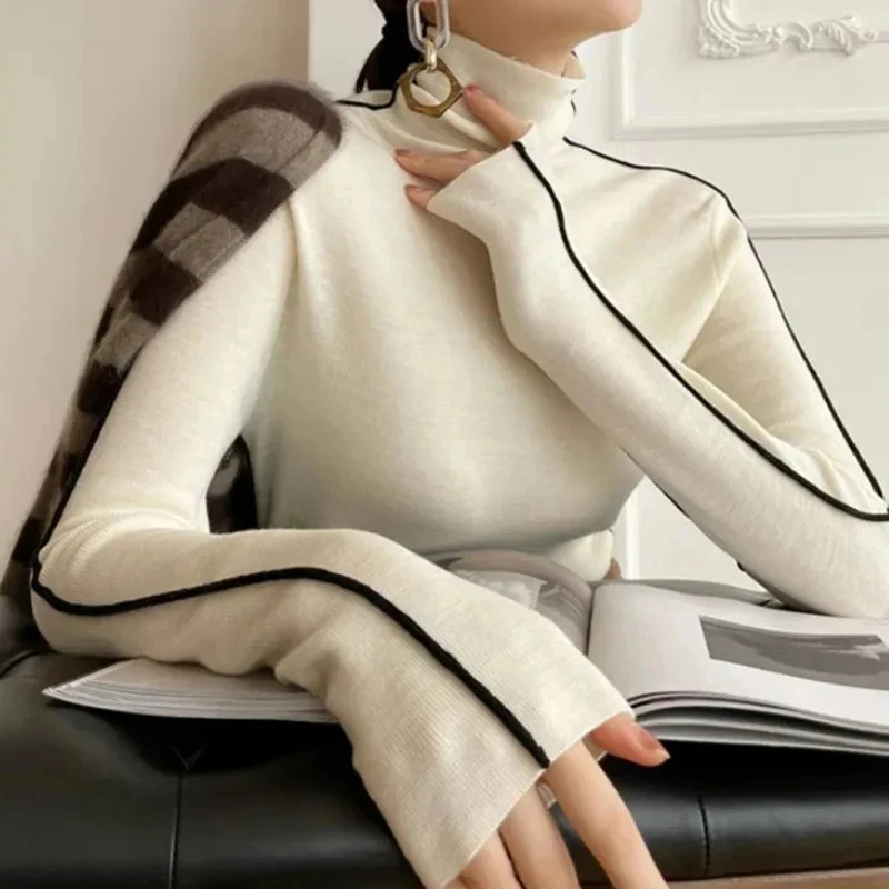 Y2K Striped Turtleneck Sweater - Elegant Knitted Pullover