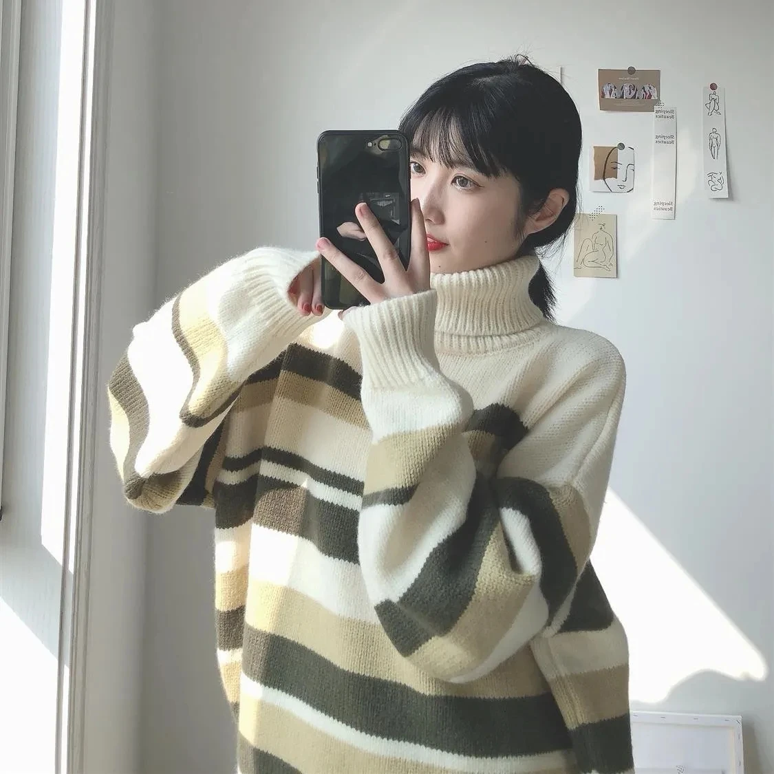 Y2K Striped Turtleneck Sweater - Vintage Fall Winter Casual Knit Pullover