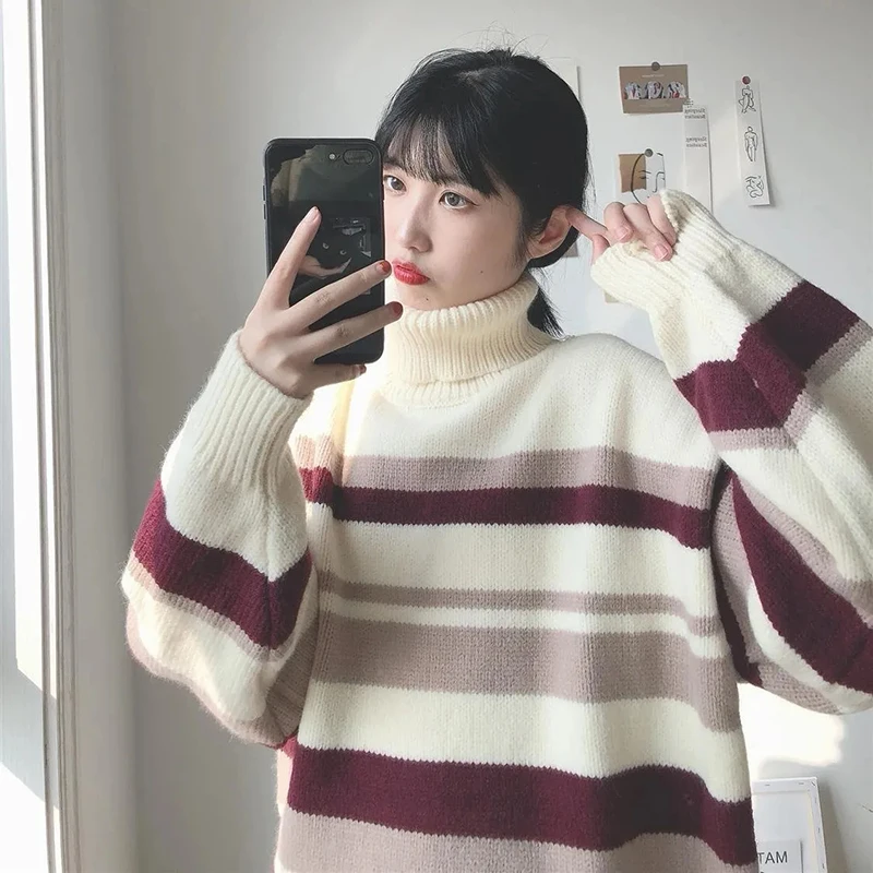 Y2K Striped Turtleneck Sweater - Vintage Fall Winter Casual Knit Pullover