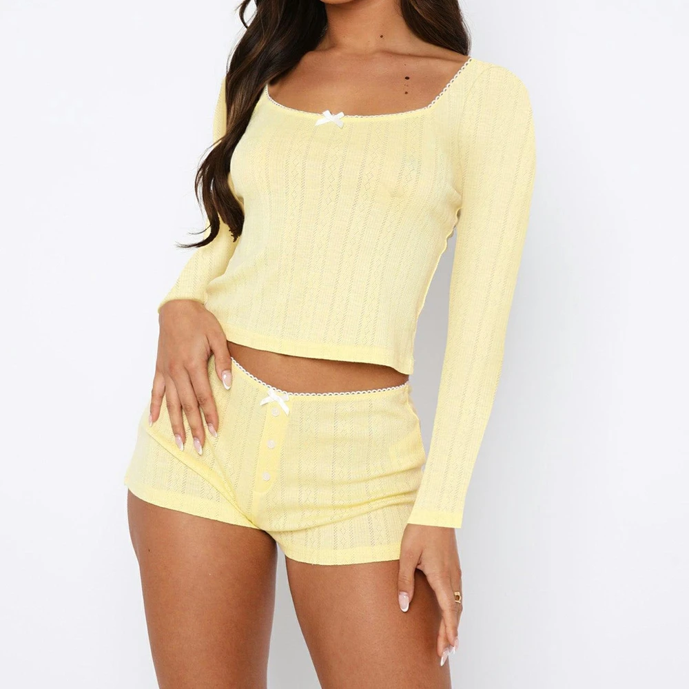 Y2K Style 2-Piece Pajama Set: Square Neck T-shirt & Bow Knot Button Shorts