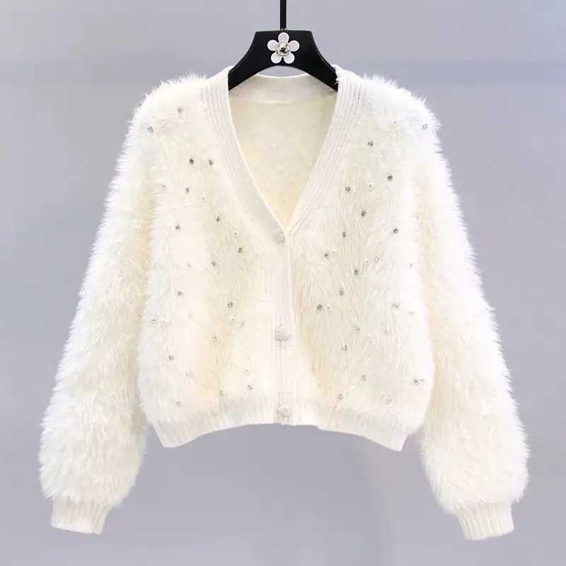 Y2K Style Beaded Cardigan with Faux Mink Fur - V-Neck Knit Jacket for Autumn