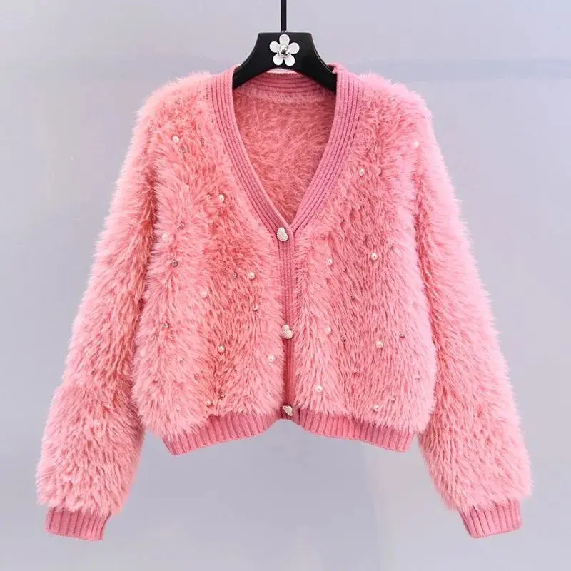 Y2K Style Beaded Cardigan with Faux Mink Fur - V-Neck Knit Jacket for Autumn