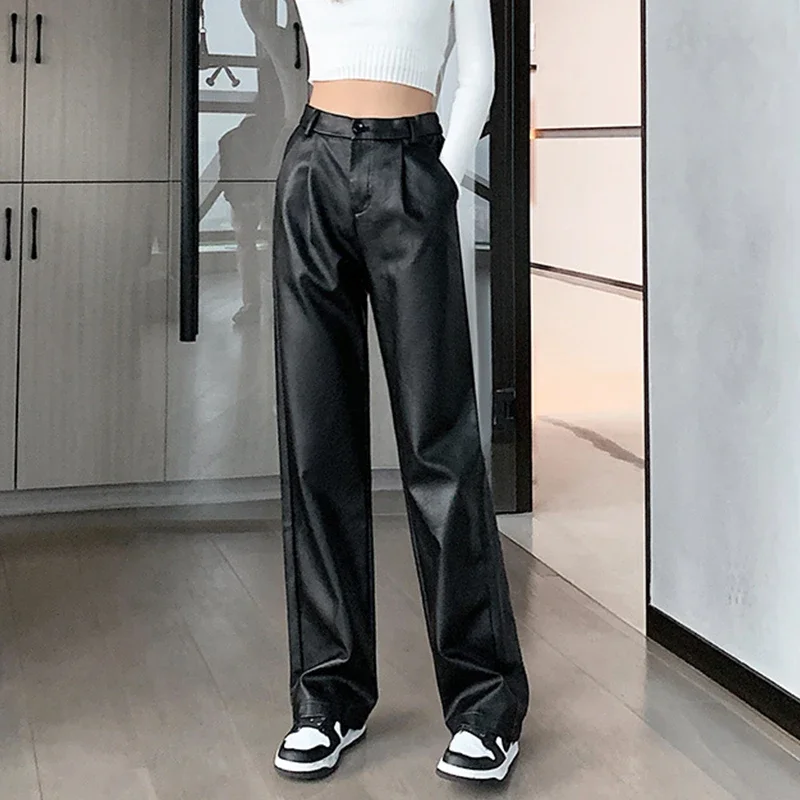 Y2K Style Black Faux Leather High Waist Pants with Pockets