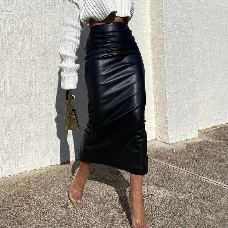 Y2K Style Faux Leather Midi Skirt - High Waist Bodycon Fashion